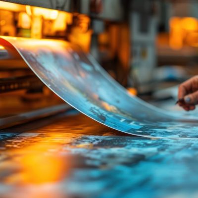 A sheet is being fed through an industrial printing press. The sheet is curved as it moves through the machine, with colors including orange, blue, and white on the sheet. The machine has a metallic appearance, and an operator's hand is visible near the edge of the sheet. The background is blurred, giving a sense of depth. This could illustrate manufacturing, mass production, or print media concepts. Use for demonstrating high-volume printing capabilities or industrial processes, quality control, or technological advancements in printing, design and communications.