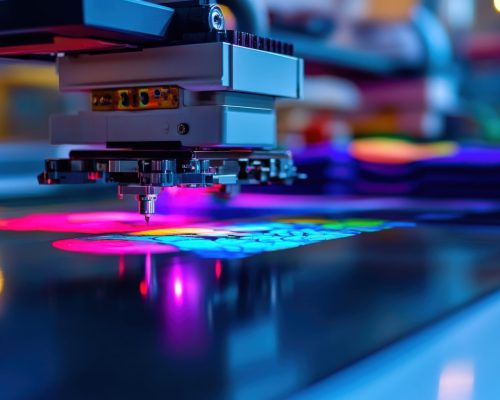 High-tech T-shirt printing machine in action, vibrant ink spreading seamlessly over fabric, precise mechanical arms moving with efficiency, close-up view of the inkjet nozzles applying detailed graphics, glossy black conveyor belt reflecting ambient workshop lighting, stacks of freshly printed shirts neatly arranged in the background, ultra-realistic industrial photography, taken with a Canon EOS R5 + RF 24-70mm f/2.8L IS USM, sharp focus on machine components, blurred background emphasizing production process --chaos 10 --ar 16:9 --style raw --profile qb43wh3 --stylize 150 --v 6.1 Job ID: 3d4d60e7-1bbe-4953-9f44-58cc71bd19c1