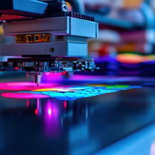 High-tech T-shirt printing machine in action, vibrant ink spreading seamlessly over fabric, precise mechanical arms moving with efficiency, close-up view of the inkjet nozzles applying detailed graphics, glossy black conveyor belt reflecting ambient workshop lighting, stacks of freshly printed shirts neatly arranged in the background, ultra-realistic industrial photography, taken with a Canon EOS R5 + RF 24-70mm f/2.8L IS USM, sharp focus on machine components, blurred background emphasizing production process --chaos 10 --ar 16:9 --style raw --profile qb43wh3 --stylize 150 --v 6.1 Job ID: 3d4d60e7-1bbe-4953-9f44-58cc71bd19c1